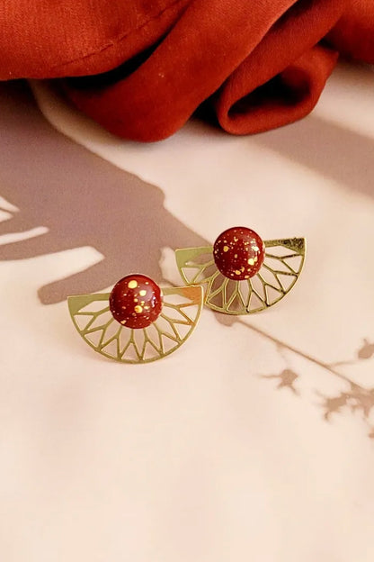 Ceramic Stud Earrings with Gold Half-Sun Jacket