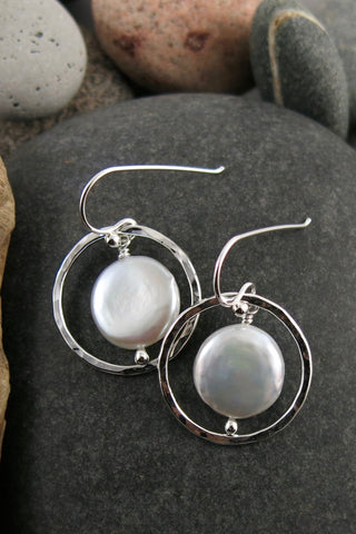 Sterling Silver and Pearl Coin Earrings