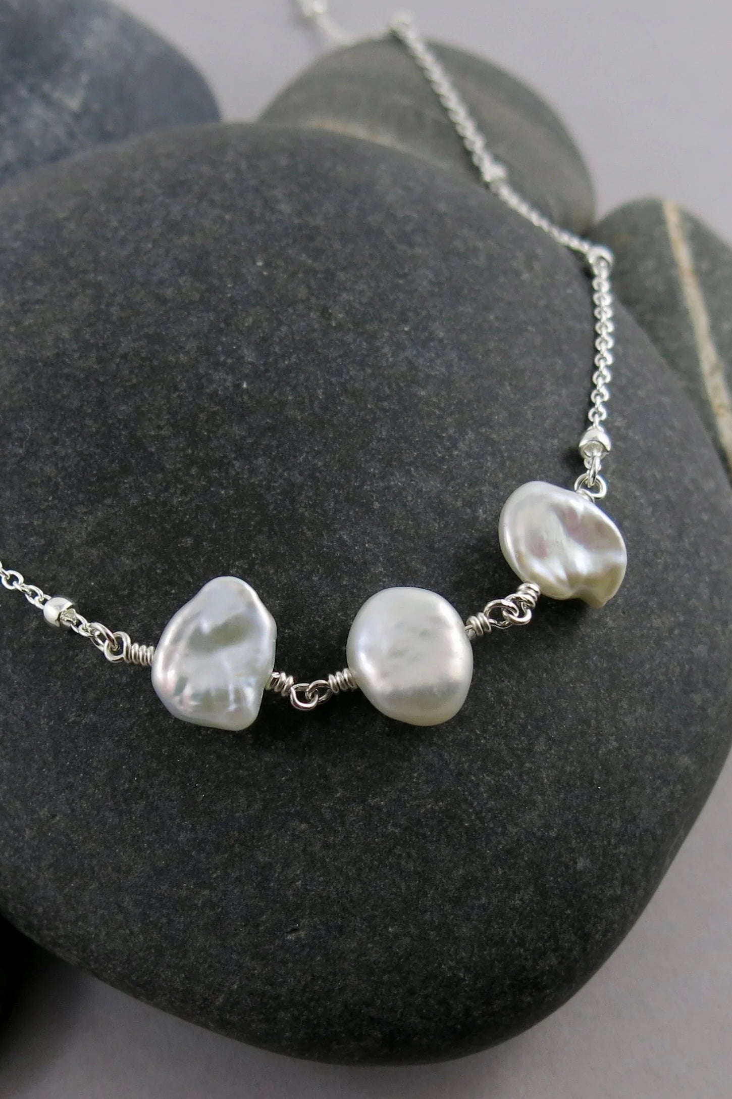 Keshi Pearl Trio Necklace by Mikel Grant, freshwater keshi pearls, sterling silver, made in Sechelt BC