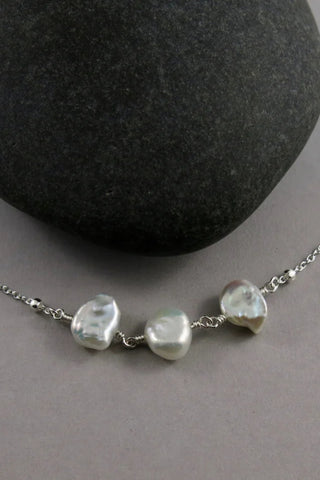 Keshi Pearl Trio Necklace by Mikel Grant, freshwater keshi pearls, sterling silver, made in Sechelt BC