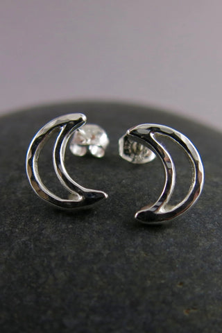Crescent Moon Stud Earrings by Mikel Grant, sterling silver, made in Sechelt BC