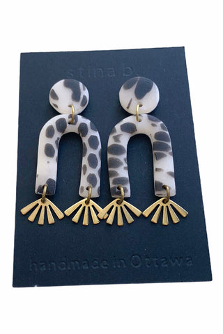 Faux Snakeskin translucent and black polymer clay and brass arch  dangle studs