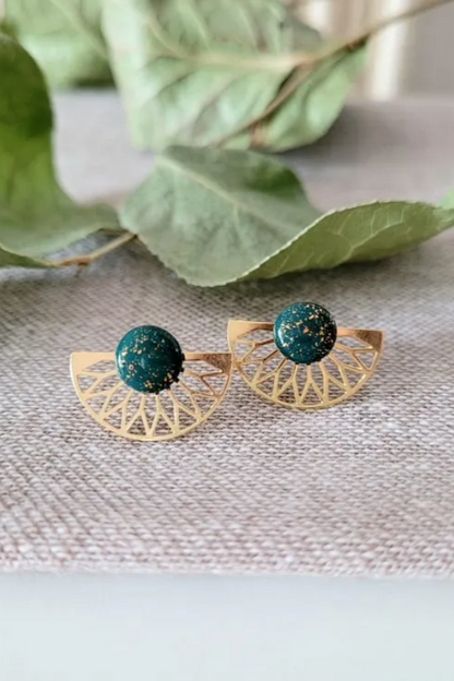 Ceramic Stud Earrings with Gold Half-Sun Jacket