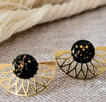 Ceramic Stud Earrings with Gold Half-Sun Jacket