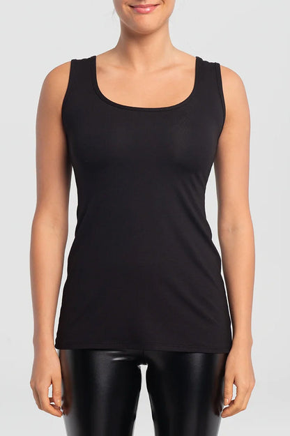 Seline Tank Top by Kollontai, Black, scoop neck, thick straps, hip length, viscose knit, sizes XS to XXL, made in Montreal