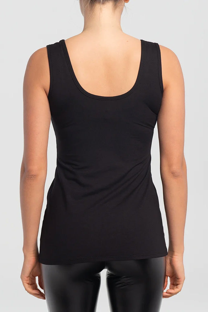 Seline Tank Top by Kollontai, Black, back view, scoop neck, thick straps, hip length, viscose knit, sizes XS to XXL, made in Montreal