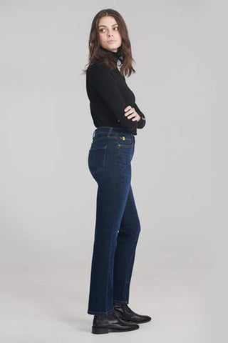 Classic Rise Straight Yoga Jean, Namaste, side view, classic rise waist, straight cut, 32 inch inseam, sizes 24-34, made in Canada