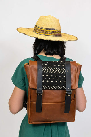Cairo Backpack - Black Bogolan - recycled leather and vegetable tanned mix