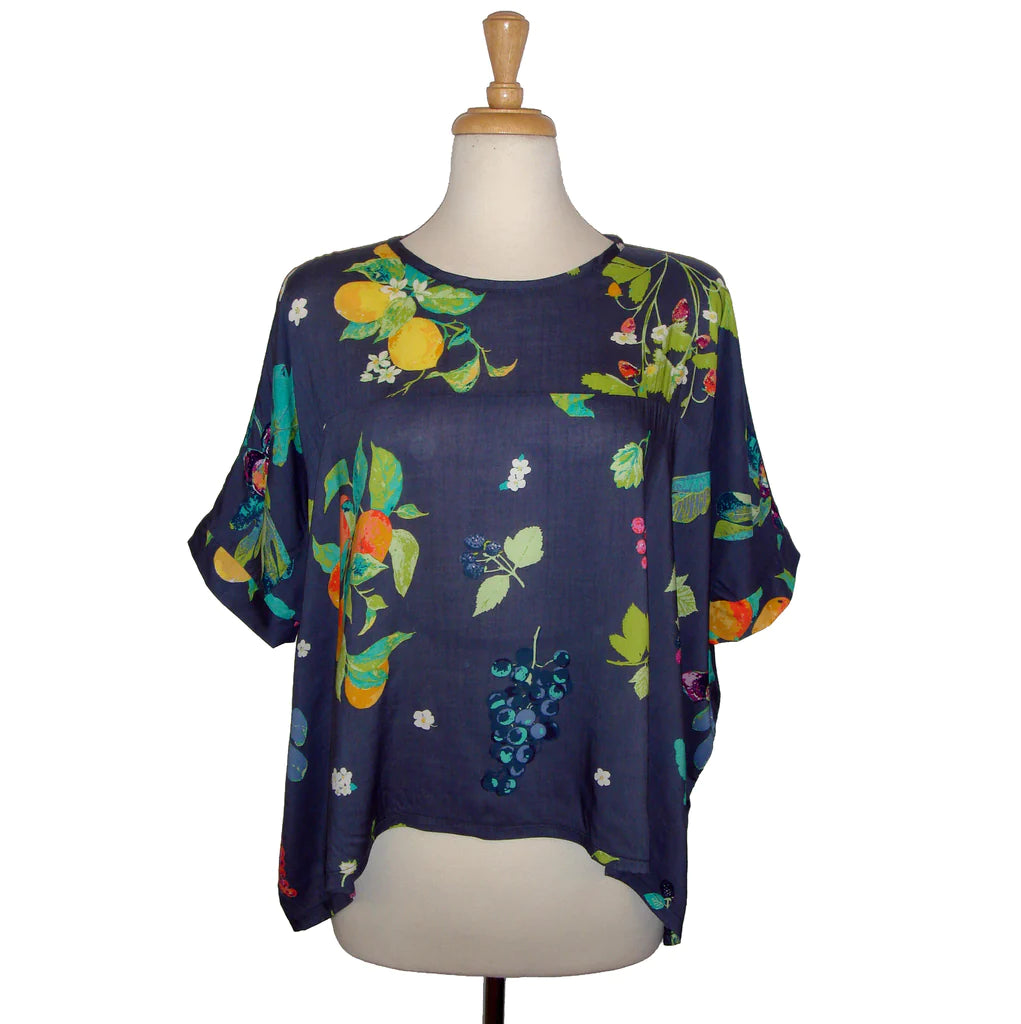 Chloe Top by Desserts and Skirts, Multi-fruit, front view, round neck, bat-wing sleeve, viscose, sizes XS to XL, made in Toronto