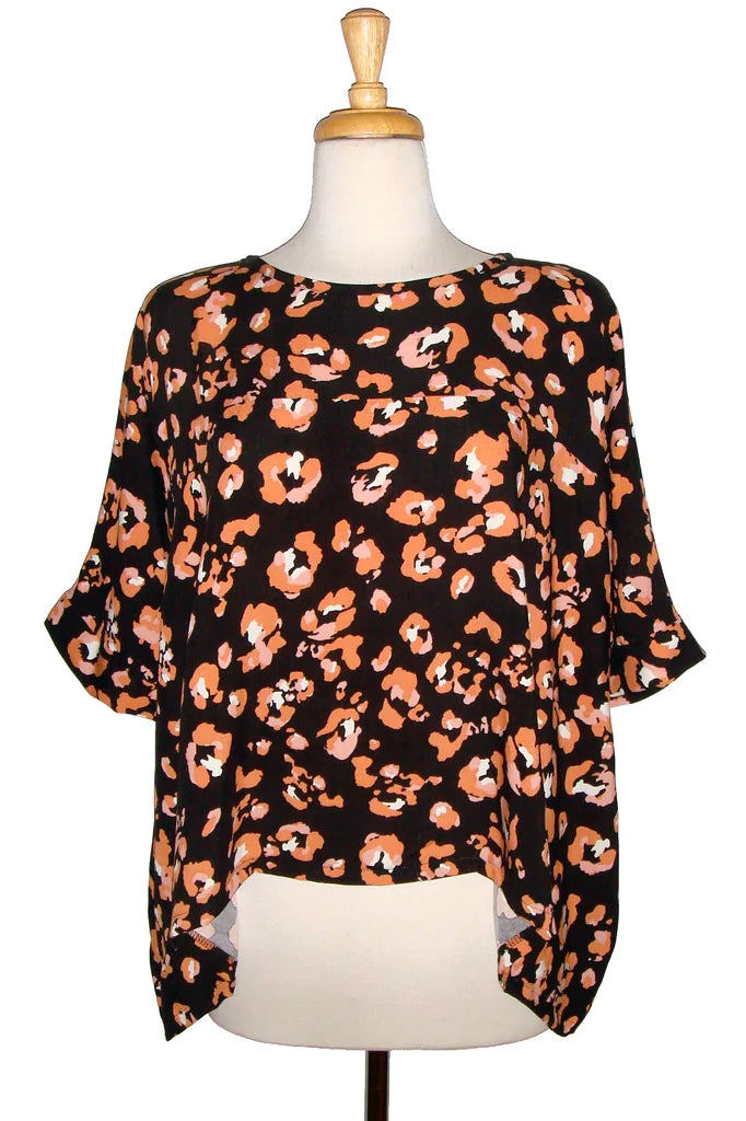 Chloe Top by Desserts and Skirts, Multi-fruit, front view, round neck, bat-wing sleeve, viscose, sizes XS to XL, made in Toronto