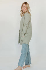 Classic Briton Cardigan by Blondie, Light Sage, open front, long sleeves, pockets, long length, sizes XS to XL, made in Toronto