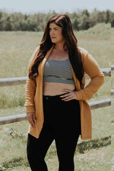 Classic Briton Cardigan by Blondie, Gold, open front, long sleeves, pockets, long length, sizes XS to XL, made in Toronto