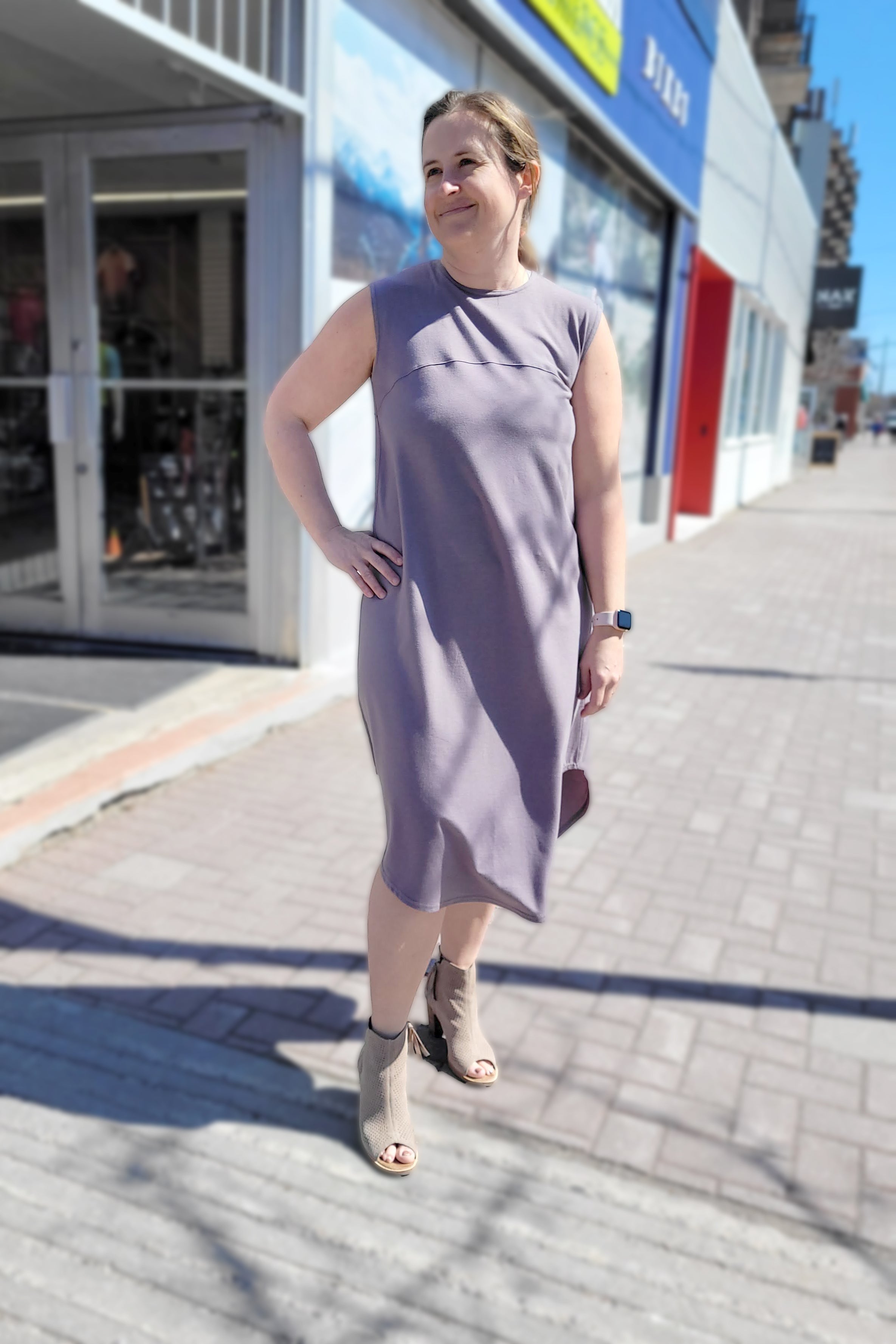 Aiken Dress by Advika, Mink, tank dress, high neck, curved hem, tencel, organic, cotton, eco-fabric, sizes S to XXL, made in Montreal