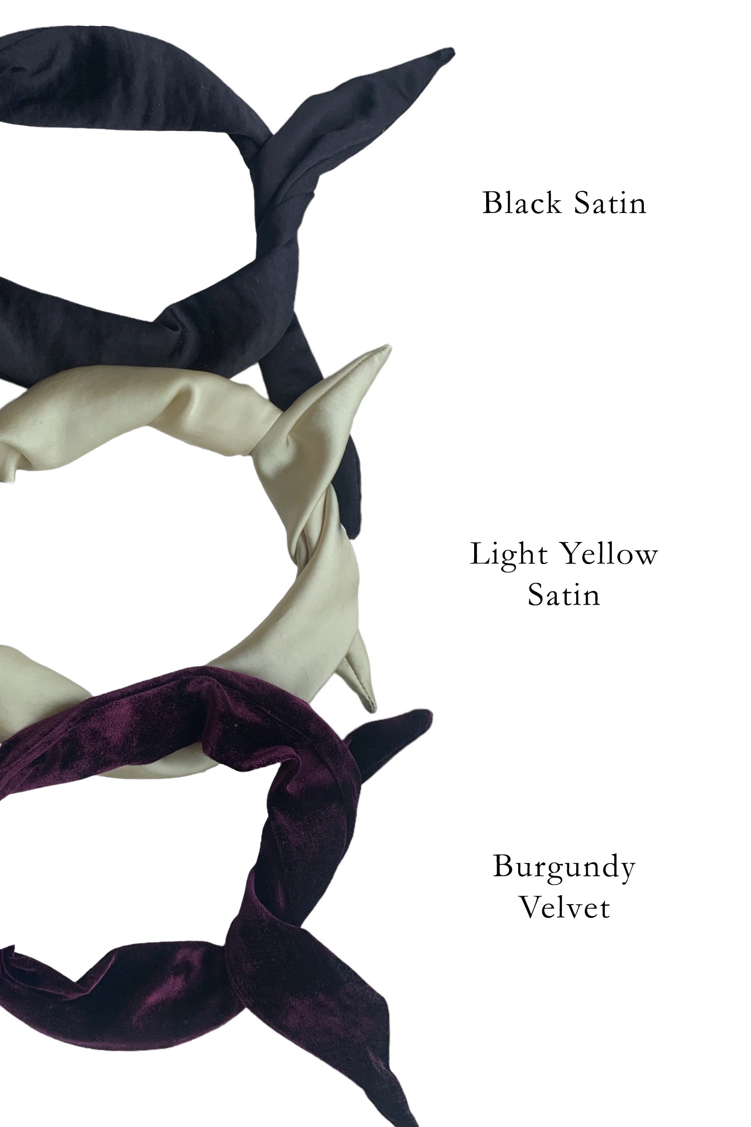 Twisted Headband by Kokoro, Black Satin, Light Yellow Satin, Burgundy Velvet