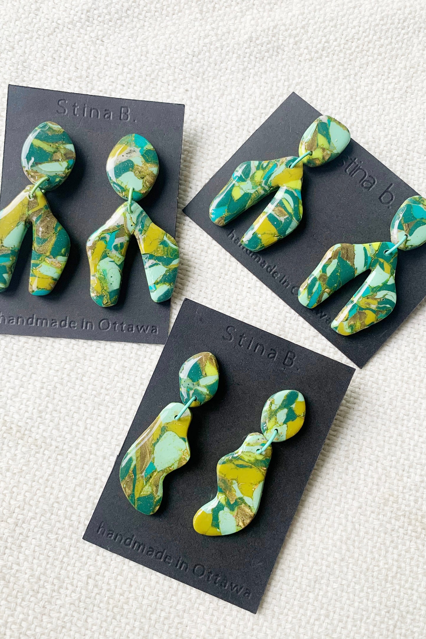 Green Gold faux stone look polymer clay earrings