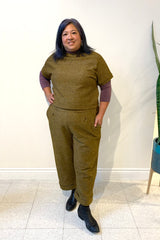 Dorian Pants by Melow, Pesto Tweed, high-waist, front darts, 3/4 capri, wide-leg, folded hem, sizes XS to XXL, made in Quebec