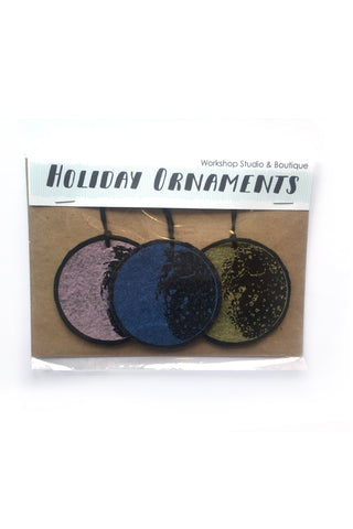 Workshop handmade silkscreen ornament sets, 3 different coloured moons. made in Ottawa Canada