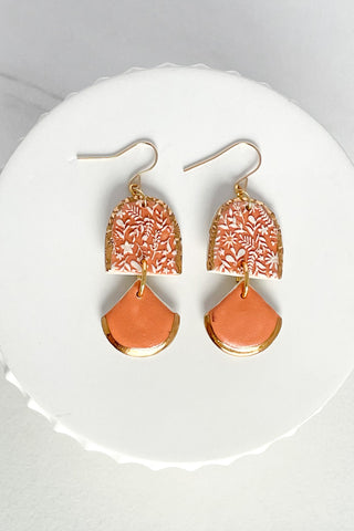 Matte Orange and Gold Flower Pattern Dangle Earrings