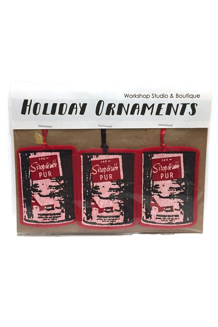 Red Maple Syrup Cans Sirop D'érable handmade felt ornaments. Handmade in our Ottawa studio.