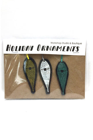 Workshop handmade silkscreen ornament sets, 3 snowshoes. made in Ottawa Canada
