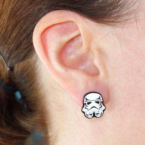 Star Wars Stormtrooper Earrings by Creations Lilipop, reclaimed plastic, engraved, laser-cut, white paint-fill, stainless steel posts and backings