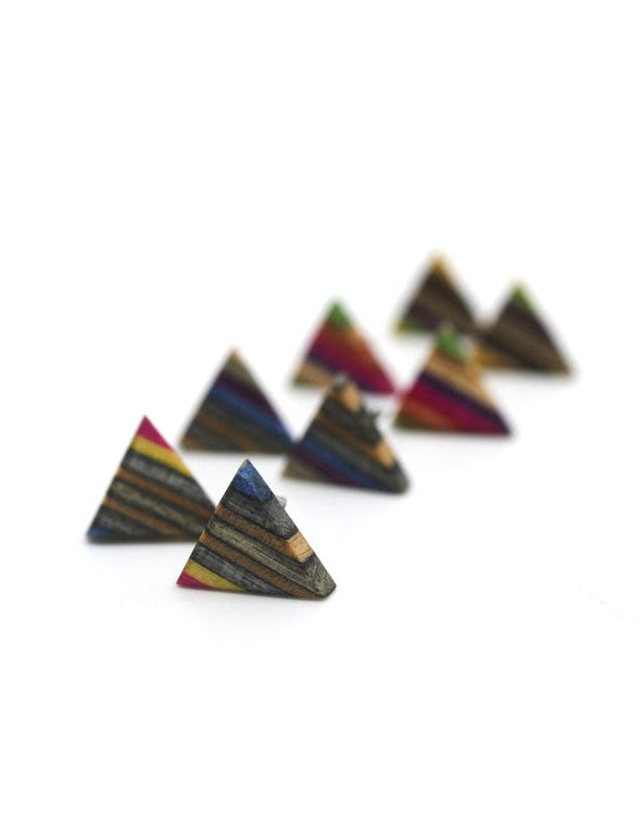 Triangle stud earrings made from repurposed skateboards