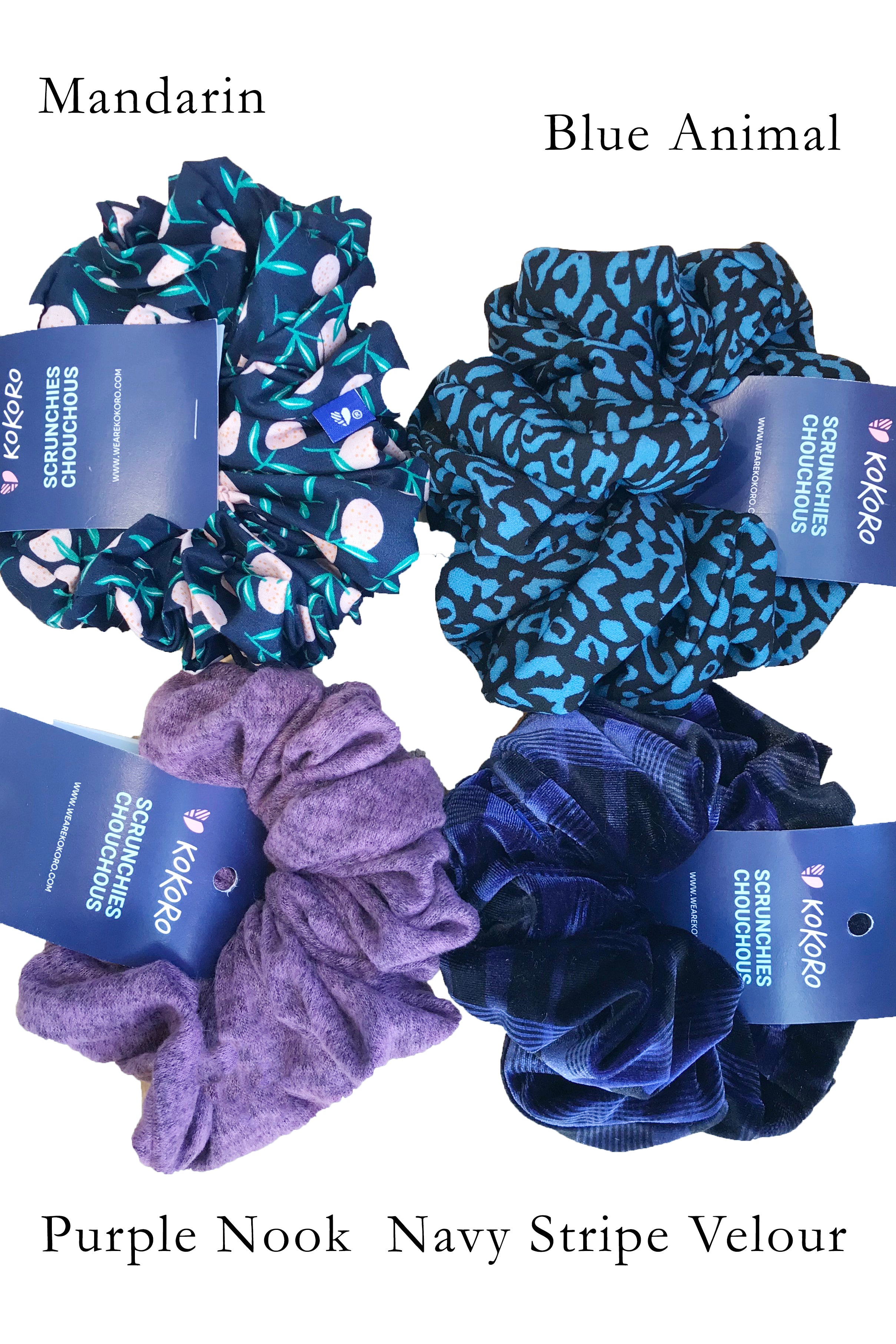 XL Oversized Scrunchie by Kokoro, Mandarin, Blue Animal, Purple Nook, Navy Stripe Velour